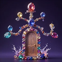 a improbability tree made of gemstones has an intriguing door 🚪 portal, alice in wonderland, tim burton matte painting comic book art, realistic, trending on artstation hq, highly detailed, octane render, unreal engine, splashes of color philosophical glow