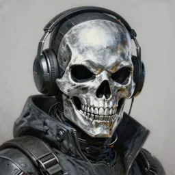 portrait painting of a cyberpunk mercenary with a smiling silver skull mask, sharp focus, award - winning, trending on artstation, masterpiece, highly detailed, intricate. art by josan gonzales and moebius and deathburger