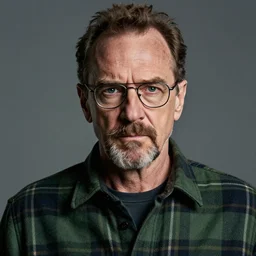 Bryan Cranston with a stern facial expression, with navigator shaped glasses, a goatee and mustache, and wearing a green flannel shirt, portrait, realistic, hyperrealistic, 4k resolution, 8k resolution, HD Quality, highly detailed, very detailed, detailed, studio quality lighting, dramatic lighting, real life