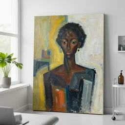 a black female doctor in exam room, natural light window, plants in glass vase, acrylic on canvas, abstract, by aaron douglas