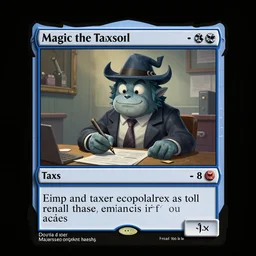 Magic the gathering card art of an imp doing taxes