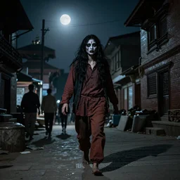 khyah nepali demon roaming the streets of kathmandu at night, moonlight, scary looking