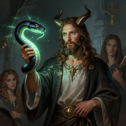 a detailed fantasy character painting of Klaus Schwab holding a black glowing snake, devil horns, dressed like Jesus Christ, by lauri blank, artgerm, evelyn de morgan, 8K, 50mm lens