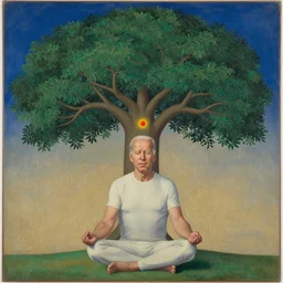 joe biden meditates under the bodhi tree, third eye, tempera on wood