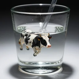 tiny mini small micro cow swimming in a large glass drink water stirring