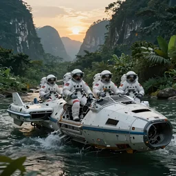 close-up shot of 4 astronauts on a broken spaceship in a river, epic, moody, realistic, neon palette, golden afternoon, cyberpunk, scenic jungle mountains in the background