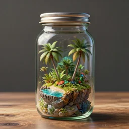 a tropical island inside a glass jar!! standing on a wooden table, with a metal lid, intricate, highly detailed, volumentric lighting, hyperrealistic, octane render 8 k, specular highlights, subsurface scattering, artstation, cgsociety, painting by greg rutkowski, artgerm, wlop