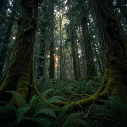 a cinematographic wide shot of a lush and dense forest with anthropogenic moss, vines and ferns, dusk light filtering from the trees below. The scene is apocalyptic, eerie but serene, volumetric, 8k, high resolution