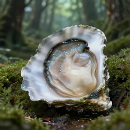 a forest world inside > > an oyster, wet, shiny, fantasy, ultra detailed,