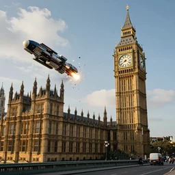 a spaceship crashing into big ben in london, ue 5 render, cgsociety, volumetric lighting, high quality, detailed, 4 k, 8 k, artstation