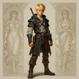 an epic fantasy comic book style full body portrait painting of a young blonde boy who is over confident, wearing plain thief clothes, d & d, fantasy, intricate, elegant, highly detailed, digital painting, artstation, concept art, matte, sharp focus, illustration, art by artgerm and greg rutkowski and alphonse mucha