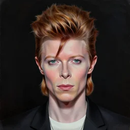 Caricature portraits done of a young David Bowie, realistic, hyperrealistic, very realistic, highly detailed, very detailed, extremely detailed, detailed, oil painting, digital art, trending on artstation