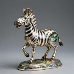 masterful vintage italian silver and enamel cloisonne figurine of a happy zebra in motion.