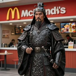 picture of genghis khan, restaurant manager at mcdonalds, dark fantasy, intricate, elegant, highly detailed, digital painting, artstation, concept art, smooth, sharp focus, illustration, art by artgerm and greg rutkowski and alphonse mucha