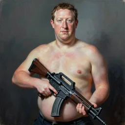 A vibrant painting with dramatic lighting of a morbidly obese Mark Zuckerberg holding an assault rifle