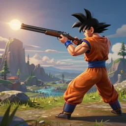 goofy in fortnight shooting at goku with a shotgun, fortnite art style, high detail