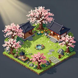 “Isometric pixel art of a beautiful Japanese flower garden”