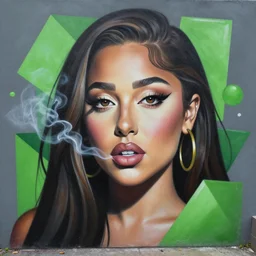 ariana grande portrait painting, matte paint, street art, by sachin teng : 5 marijuana, dope, smoke, hard edges, green, geometric shapes, fisheye lens, sexy, by sachin teng : 6