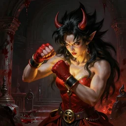 The Devil fistfighting a savage woman with wild spiky black Saiyan hair, dark dungeon, bloody walls, fantasy art, absurd quality