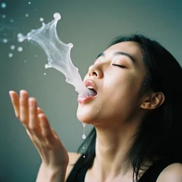 analog photographic portrait with 5 0 mm lens and f / 1 2. 0 of a one woman with eyes closed and spurting from the mouth a white viscous fluid floating in the air. with a slight variation of light in the liquid and gesture.