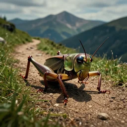 closeup of a cricket. dirt and grass mountain path in avila mountains, 4 k, concept art, by wlop, ilya kuvshinov, artgerm, krenz cushart, greg rutkowski, pixiv. cinematic dramatic atmosphere, sharp focus, volumetric lighting, cinematic lighting, studio quality, cricket eyes reflections.