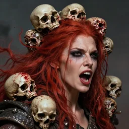 still from 3 0 0 of a head and shoulders action photo, human female barbarian, red hair, frenzy, blood and skulls, d & d, high fantasy, by hr giger, facial detail, extremely detailed