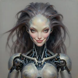 perfectly centered portrait front view of a beautiful biomechanical alien robot, flowing hair, intense stare, sweet smile, symmetrical, concept art, intricate detail, volumetric shadows and lighting, realistic oil painting by alex grey,