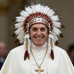 photorealistic pope francis with evil grin, wearing native american headdress