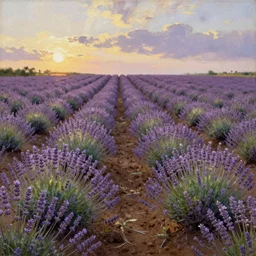 a field of purple lavender flowers growing on fertile brown soil, during golden hour, wide angle, oil painting by john constable, realistic, romantic period