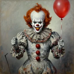 portrait of laughing pennywise the clown from it. demonic cenobite. sharp yellow teeth, tattered clothes. spider legs. holding a red balloon. still from movie. horror, grim, dirty. oil painting by lucian freud. path traced, highly detailed, high quality, j. c. leyendecker, drew struzan tomasz alen kopera, peter mohrbacher, donato giancola