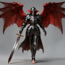dnd art, female vampire knight, barefoot, black full plate armor, historical armor, realistic armor, full body, monstrous mask, giant two - handed sword dripping blood, red wings, grinning, no shoes, black nail polish, realistic, pathfinder, flying.