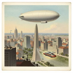a 1 9 th century print by jean - marc cote about a city of the year 2 1 0 0, zeppelin, vintage card of a future city with flying cars, faded colors