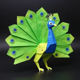 detailed 3 d origami of a peacock, bright glowing colors