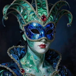 a portrait of a liquid porcelain malachite sapphire ruby model wearing a liquid venetian carnival mask. night time. deep reflective green blue tones. renaissance masterpiece. highly detailed sci - fi fantasy painting by norman rockwell, frank frazetta, johfra bosschart, and syd mead. rich colors, high contrast, dark background. artstation