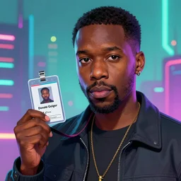 a Donald Glover holding a ID card in his hand, short buzzcut hair, a character portrait, synthwave by art artgerm, cg society contest winner, shock art, sci-fi, artstation hq, speedpainting