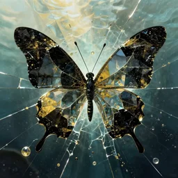 shattered glass retro stylized butterfly, cracked obsidian geometric fantasy art, splattering black gold iridescent bubbly underwater scenery, greg rutkowski, loish, rhads, makoto shinkai, lois van baarle, ilya kuvshinov