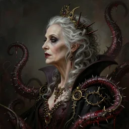 centered beautiful detailed side view profile portrait of a insane, crazed, mad vampire old woman, ornate bleeding tentacles growing around, ornamentation, thorns, vines, tentacles, elegant, beautifully soft lit, full frame, by wayne barlowe, peter mohrbacher, kelly mckernan, h r giger