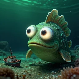 detailed effervescent underwater ocean scene, a close up of a funny sea monster creature with detailed large glowing eyesscales, and fins, next to a small shipwreck on the seabed, by maurice sendak, shaun tan made in hyperrealistic 3 d, octane render, dark green colours, sharp focus, 8 k, nighttime