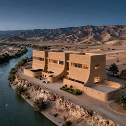 photo of a museum in a dessert on a cliff next to river and valley with mountains, the museum is made out of rammed earth and windows, the museum is huge and is 5 stories in height and has perforations holes, curves cascaded, curve openings, layers, trees and vegetation, aeriel view, zaha hadid, night time the sky has stars and air with dusk, 8