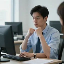 hyper realistic, high detail photo of dumb employee sitting in human resources office with someone named jon, beautiful, dreary lighting