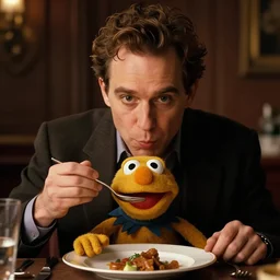 a man eating a muppet on a dinner plate