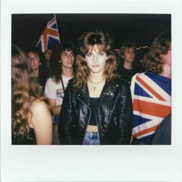 19-year-old girl wearing black leather jacket and denim jeans, New Wave of British Heavy Metal, 1983, Polaroid, crowd of longhairs, British flag, concert