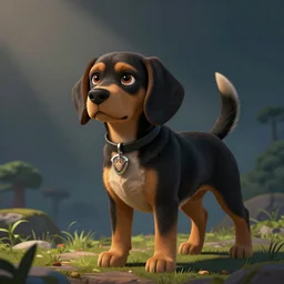 illustration of a black and brown beagle with mostly dark fur, in the style of paw patrol