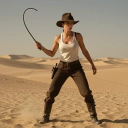 alice vikander as indiana jones, wearing a hat, holding a whip, in a desert, film still, dynamic pose