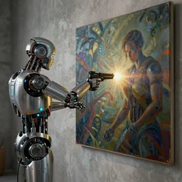 an high resolution photo of a cyberpunk automaton shooting at a paiting on a wall, hyper detailed, photography, realistic art, 8 k, unreal engine, octane render, cinematic
