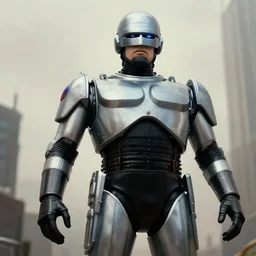 RoboCop (1987), very low angle photograph, very detailed, trending on artstation, hyperrealistic, soft colors, simon stålenhag, lovecraft, horror