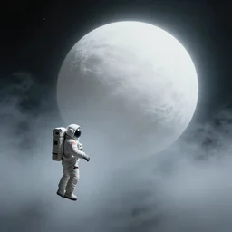 tiny floating astronaut next to Gigantic white ball ,in space, fog,unnerving dramatic art by beksinski