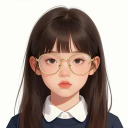 a digital art illustrated portrait of a jaded 2 2 - year old gen z female student wearing thin gold - rimmed reading glasses and in the style of robert mccall