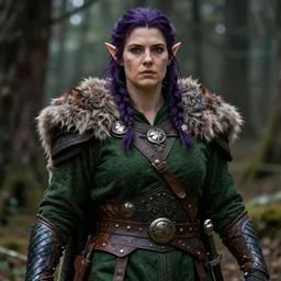 athena as a medieval fantasy wood elf, dark purplish hair tucked behind ears, wearing a green tunic with a fur lined collar and brown leather armor, wide, muscular build, scar across nose, one black, scaled arm, cinematic, character art, digital art, forest background, realistic. 8 k,