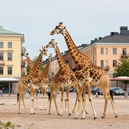 giraffes roaming in center of helsinki, urban, photo, hyper realistic, detailed shading, 4 k render, national geographic style